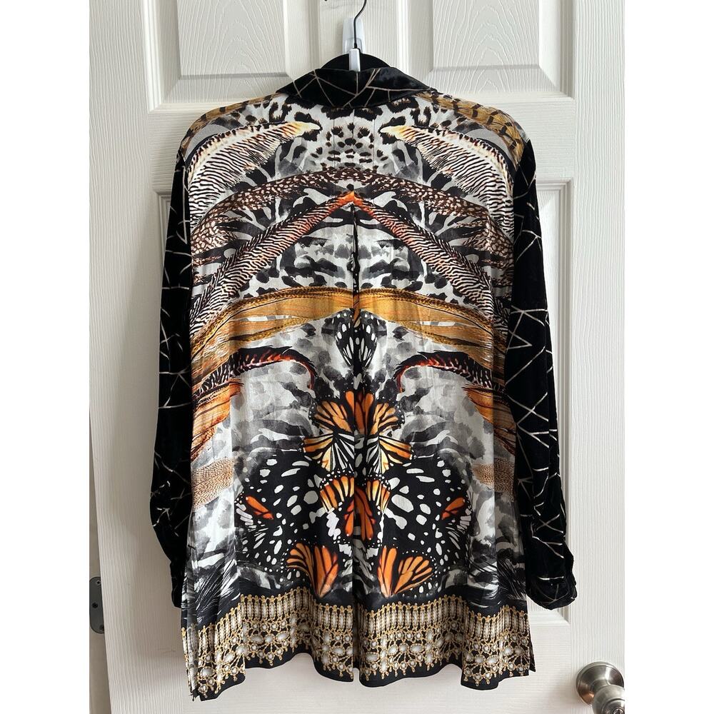 JOHN MARK Velvet Burnout Monarch Butterfly Art To Wear Button Blouse Top Sz S